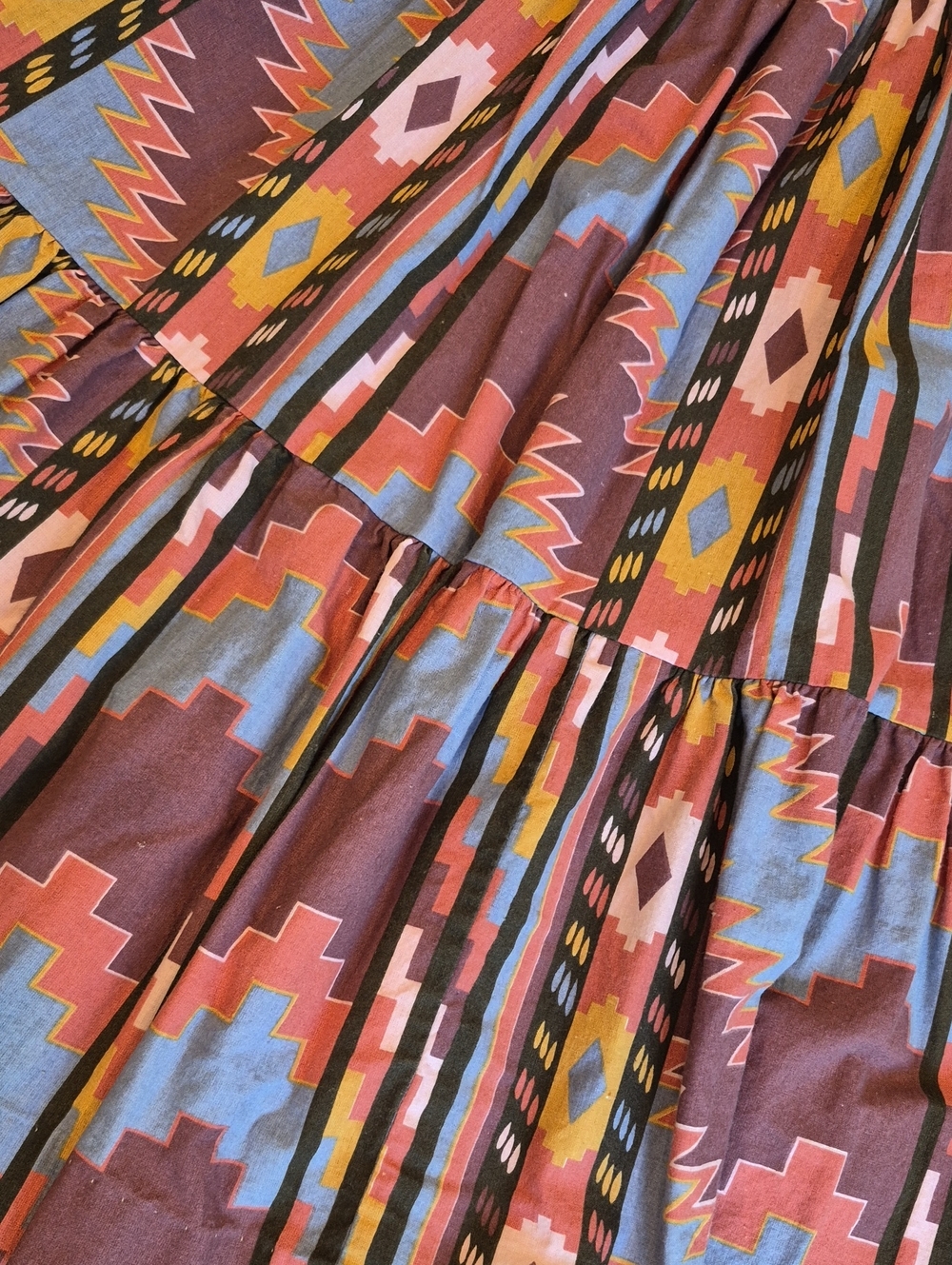 XXS-M Vtg Rockmount Ranch Wear Aztec Print Tiered Elastic Waist Midi Skirt - Picture 10 of 15